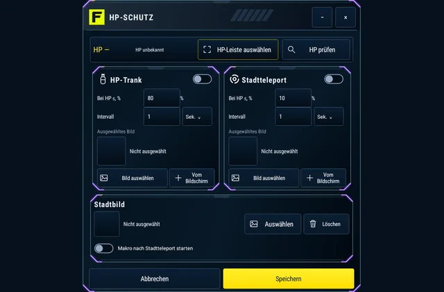 HP-Schutz - Lege HP-Schwellen für Trank und Teleport fest. Nach der Rückkehr in die Stadt lässt sich ein gewähltes Makro einmal ausführen.