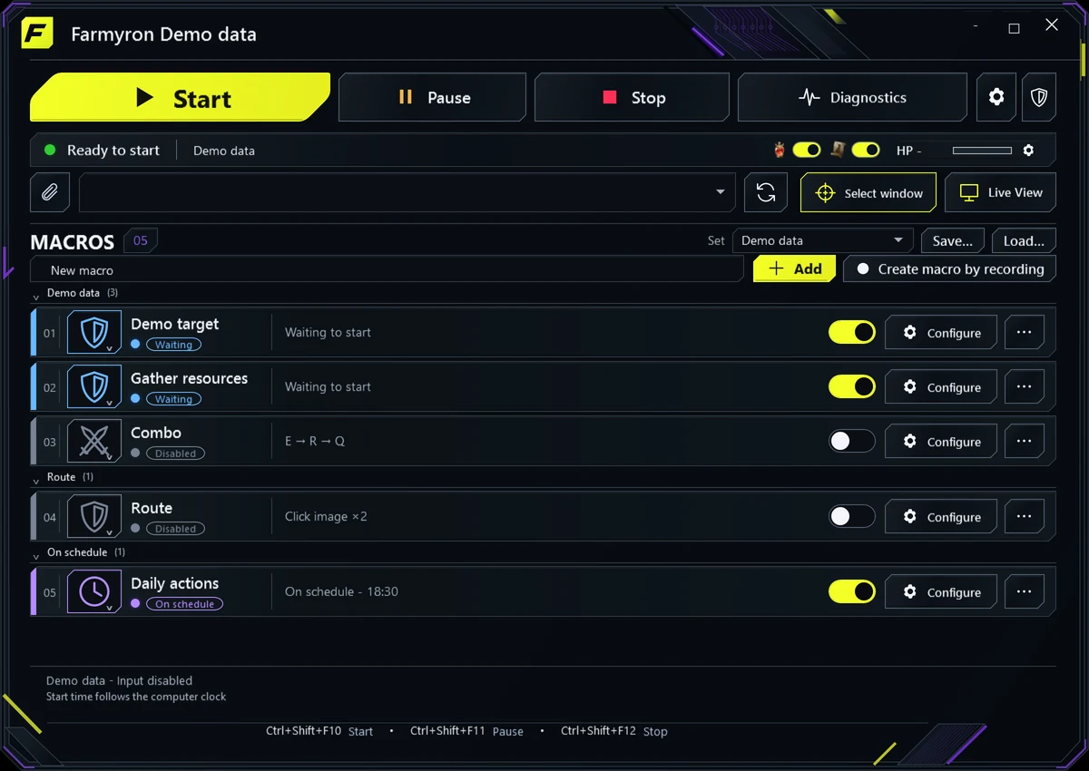Farmyron interface with grouped macros and action controls.