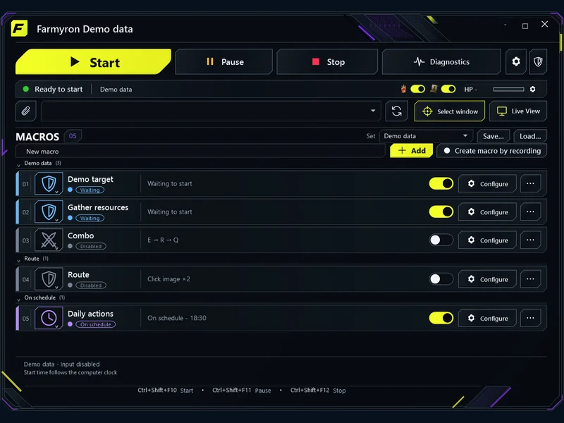 Your macro workspace - Groups, quick switches and clear execution status.