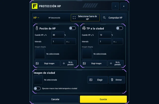 Protección de HP - Configura umbrales de HP para pociones y teletransporte. Al volver a la ciudad, ejecuta una macro elegida una vez.