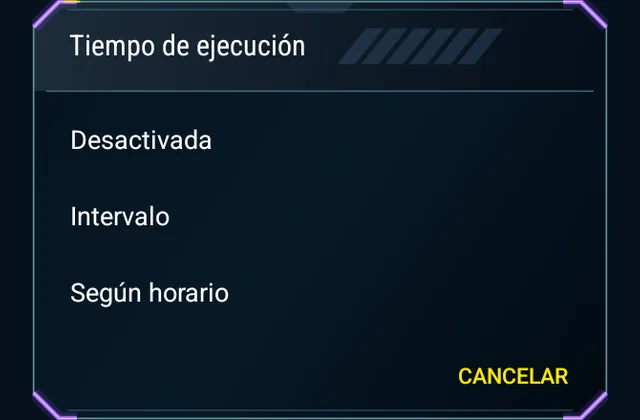 Un horario para tu juego - Elige la hora, el periodo de trabajo y la próxima ejecución.