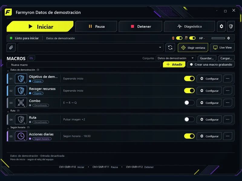 Tu espacio de macros - Grupos, interruptores rápidos y estados de ejecución claros.