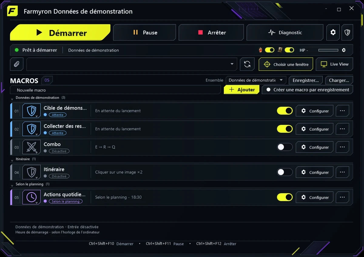 Interface Farmyron avec des macros groupées et des commandes d'action.