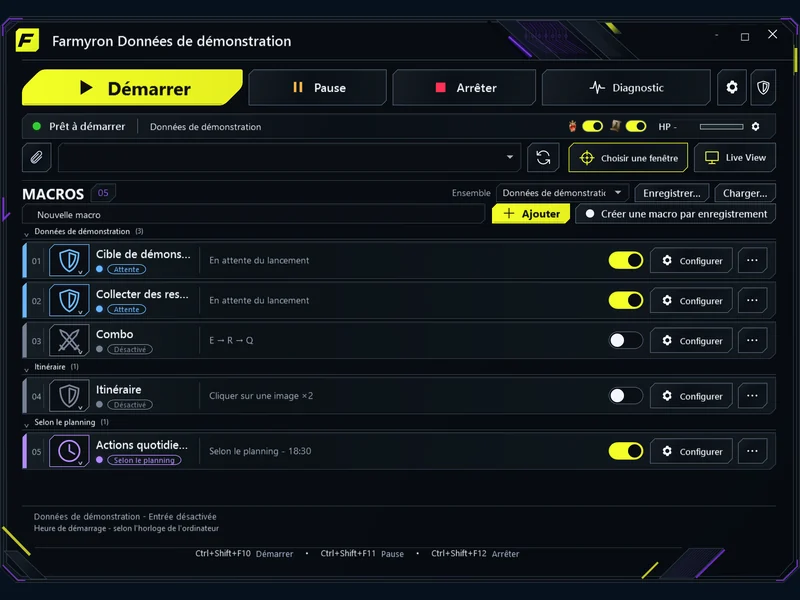 Votre espace de macros - Groupes, interrupteurs rapides et états d'exécution clairs.