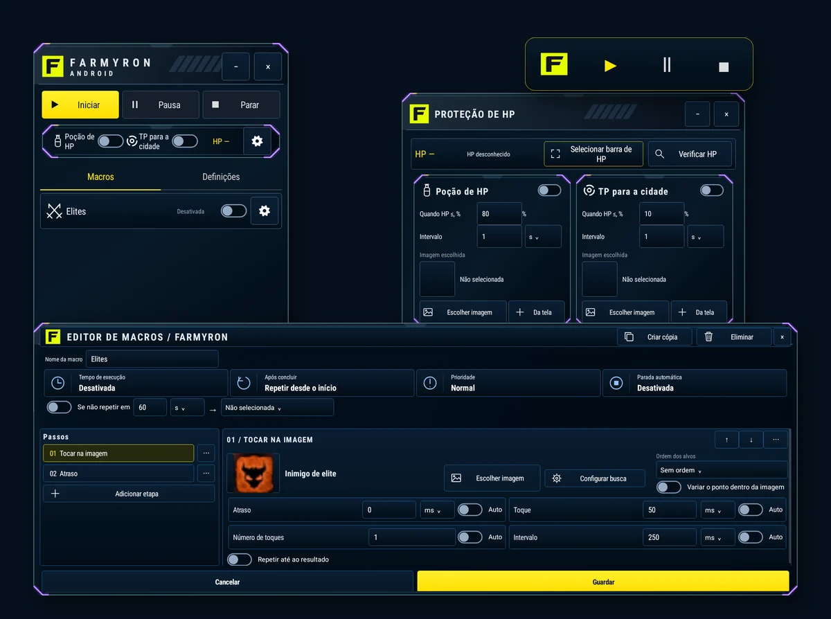 Controle macros sobre o jogo. Abra o editor ou mantenha o painel compacto à mão.