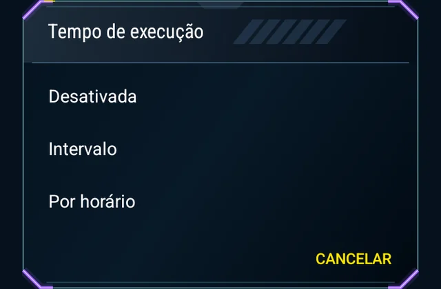 Um horário para o teu jogo - Escolhe a hora, o período de trabalho e a próxima execução.