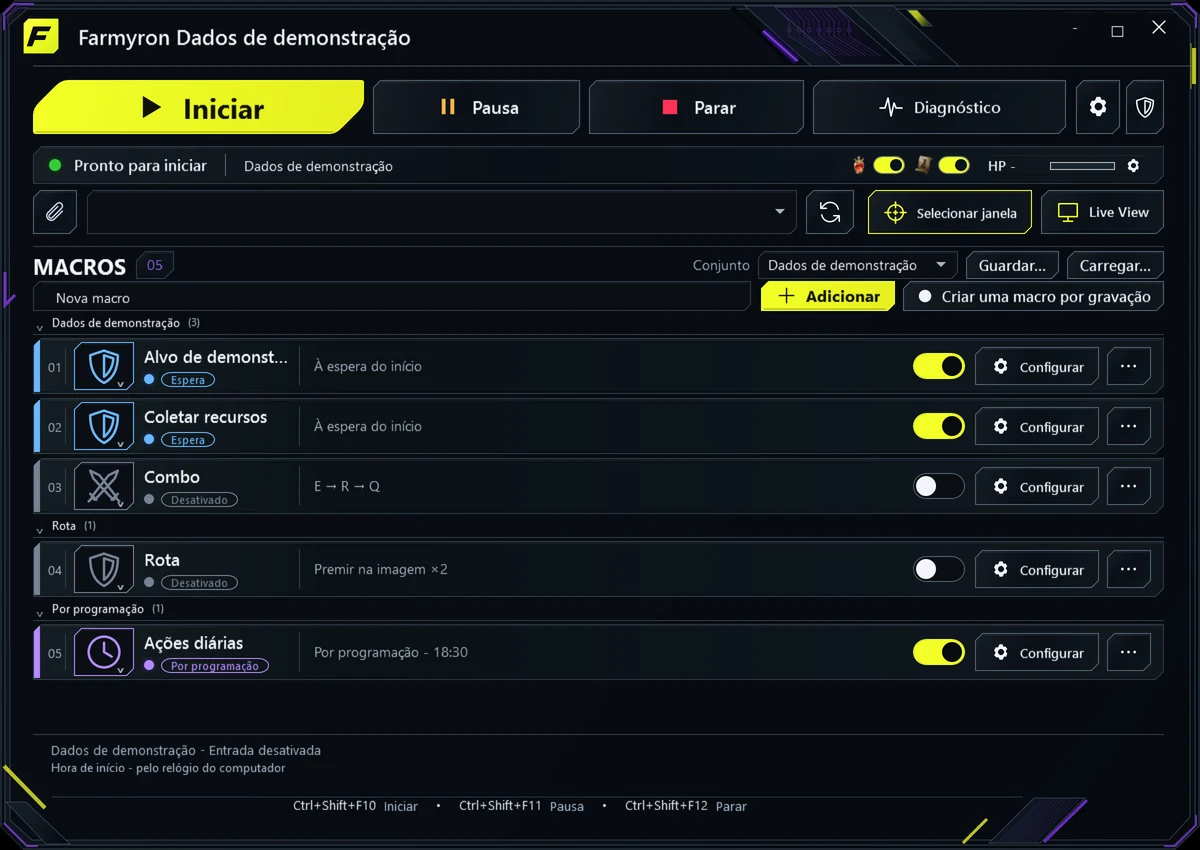 Interface do Farmyron com macros agrupadas e controlos de ações.